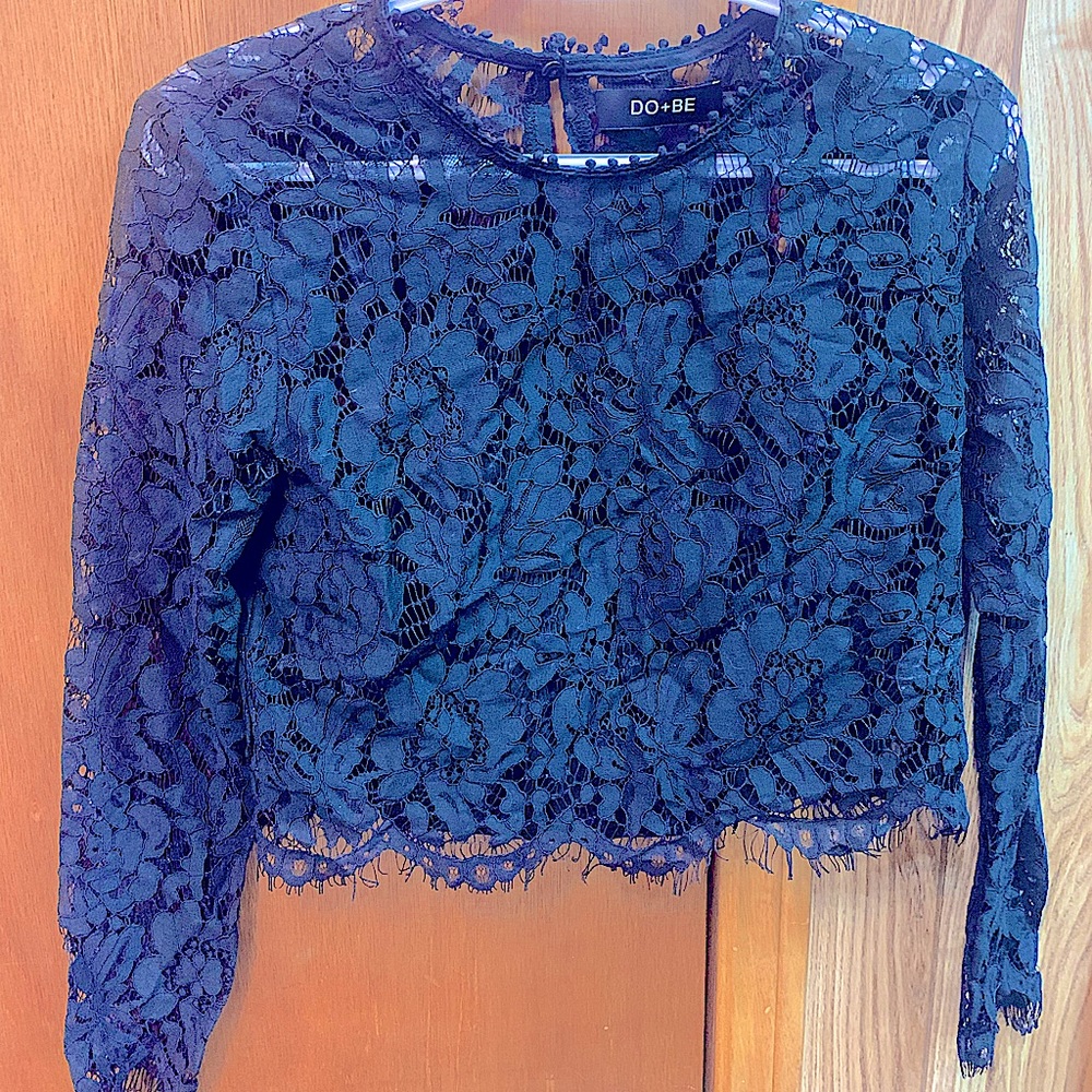 Black Lace Top- Size Small- fringes on neck loose